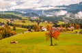 Beautiful autumn scenery of San Michele and Castelrotto villages. Dolomite Alps, South Tyrol, Italy