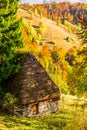 Beautiful autumn scenery with traditional straw roof house in Apuseni mountains, Transylvania