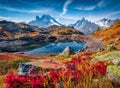 Beautiful autumn scenery. Unbelievable autumn view of Cheserys lake/Lac De Cheserys, Chamonix location.