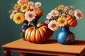 Beautiful autumn still life with blooming bouquet of red and yellow flowers blossom. Flowering plant and pumpkins