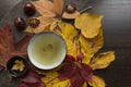 Autumn tea time still life top view closup