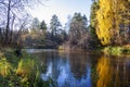 Beautiful autumn trees reflecting on the smooth water surface. Warm autumn day on the river. River bank landscape Royalty Free Stock Photo