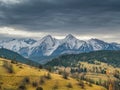 Beautiful autumn with trees under the Tatra Mountains at sunrise. Beautiful landscape in Osturna village. Royalty Free Stock Photo