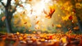 Beautiful autumn view with colorful foliage in the park. Falling leaves background with copy space and selective focus. Royalty Free Stock Photo