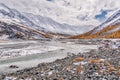 Mountains snow road river trees autumn Royalty Free Stock Photo