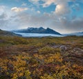 Beautiful autumn view from Muagljufur Canyon to Fjallsarlon glacier with Breidarlon ice lagoon, Iceland. Not far from Ring Road