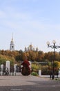 Beautiful autumn view, panorama, beautiful autumn landscape - bright sun and blue sky,violin and flowers Royalty Free Stock Photo