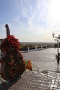 Beautiful autumn view, panorama, beautiful autumn landscape - bright sun and blue sky,violin and flowers