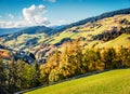 Beautiful autumn view of Santa Magdalena village. Colorful morning landscape of Dolomite Alps, Italy, Europe. Beauty of countrysid Royalty Free Stock Photo