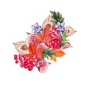 Beautiful autumn watercolor bouquet with leaves, blueberries, viburnum berries, physales and figs.