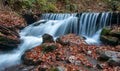 Beautiful autumn waterfall. Carpathian mountains, Ukraine. Red beech leaves on stones
