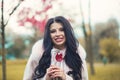 Beautiful autumn woman with long dark hair smiling Royalty Free Stock Photo