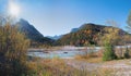 Beautiful autumnal landscape in Hinterriss, karwendel mountains and colorful alpine forest, Rissbach valley Royalty Free Stock Photo