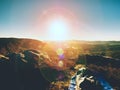 Beautiful awakening in rocks. Sleeping in nature in sleeping bag. View from rocky peak Royalty Free Stock Photo