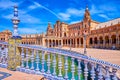 The beautiful tiled handrails of the bridge in Plaza de Espana in Seville, Spain