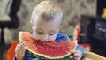 Beautiful baby boy in blue jacket eating a big piece of red fresh watermelon and then smiling close up view video in 4K Royalty Free Stock Photo