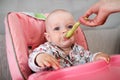 Beautiful baby eats porridge from mom's hand. He is sitting on a pink children' chair. Royalty Free Stock Photo