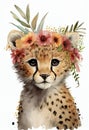 Beautiful baby face portrait leopard with flowers crown on white background. Art design, portrait. Beautiful