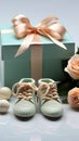 Beautiful baby gifts tiny bootees, blank postcard, and a pacifier on white