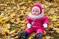 Beautiful baby girl one years old in pink jumpsuit sitting on yellow leaves - autumn scene. Toddler have fun outdoor in autumn