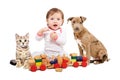 Beautiful baby girl, playing wooden train with a pets Royalty Free Stock Photo