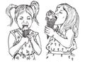 Beautiful baby girls eating ice creams in a waffle cups