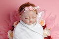 Beautiful baby reborn doll in flowers, professional newborn photoshoot