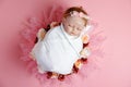 Beautiful baby reborn doll in flowers, professional newborn photoshoot