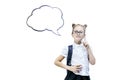 Beautiful baby school girl in class at school on a white background happy portrait portrait with a concept