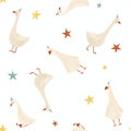 Beautiful baby seamless pattern with watercolor cute white goose birds celebrating birthday party. Stock illustration.