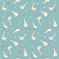 Beautiful baby seamless pattern with watercolor cute white goose birds celebrating birthday party. Stock illustration.