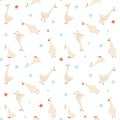 Beautiful baby seamless pattern with watercolor cute white goose birds celebrating birthday party. Stock illustration.