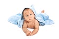 Beautiful baby under blue towel Royalty Free Stock Photo