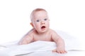 Beautiful baby under a white towel Royalty Free Stock Photo