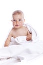 Beautiful baby under a white towel Royalty Free Stock Photo