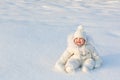 Beautiful baby in a white snow suit sitting on fresh snow