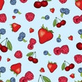 Beautiful background of berries. Raspberries, strawberries, blueberries and cherries. Vector illustration. Summer fruits.