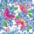 Beautiful background with drawn blue flowers and butterfly with colored wings. Blooming lilac. Spring garden. Vector.
