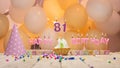 Beautiful background happy birthday number 81 with burning candles, birthday candles pink letters for eight ten one year. Festive Royalty Free Stock Photo