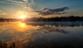 Beautiful background of nature. wonderful misty landscape. amazing foggy morning, colorful sky reflected in the water of tranquil Royalty Free Stock Photo