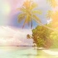 Beautiful background of paradise island - landscape of tropical beach - calm ocean, palm trees, blue sky Royalty Free Stock Photo