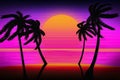 Background with sunset on a neon sky and a beach with palm trees silhouettes in the style of retrowave Royalty Free Stock Photo