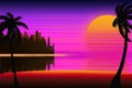 Background with a sunset on a neon sky and a beach with silhouettes of palm trees and a city in the distance in the style of Royalty Free Stock Photo