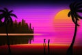 Background with a sunset on a neon sky and a beach with silhouettes of palm trees, a woman and a city in the distance in the style Royalty Free Stock Photo