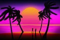 Background with sunset on the neon sky and the beach with silhouettes of palm trees and women in the style of retrowave Royalty Free Stock Photo