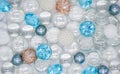 Beautiful background of transparent, light blue glass beads, crystals and white pearls. Copy space Royalty Free Stock Photo
