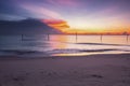 beautiful background of tropical sandy beach over magical twilight sunrise at dawn.