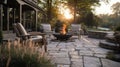 Beautiful backyard firepit at dusk with comfortable chairs Royalty Free Stock Photo