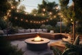 Beautiful backyard firepit at dusk. Generative AI