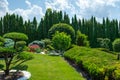 Beautiful backyard garden with nicely trimmed bonsai, bushes and trees. Royalty Free Stock Photo